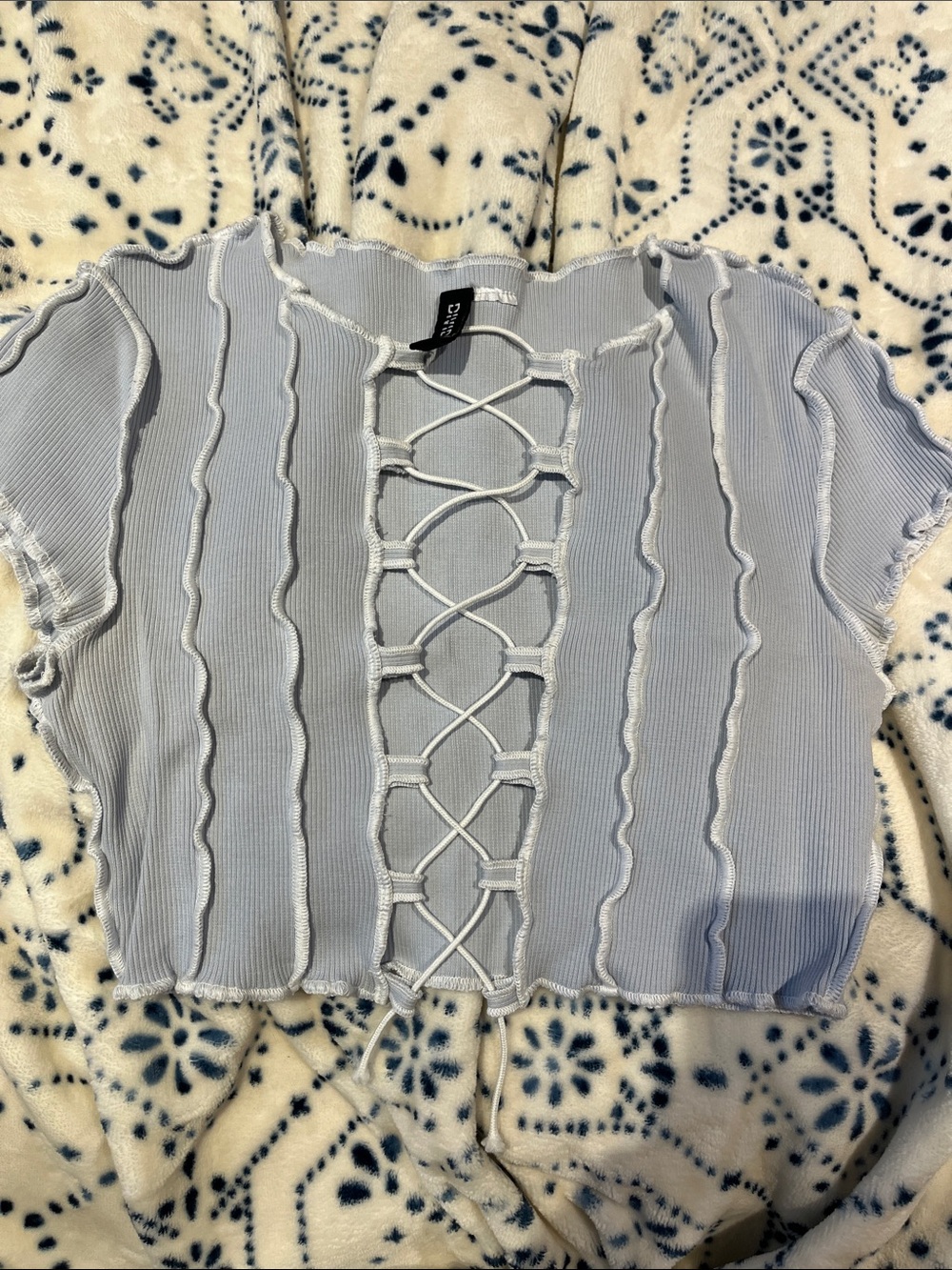 Powder Blue Lace-Up Lettuce-Edge Crop Top